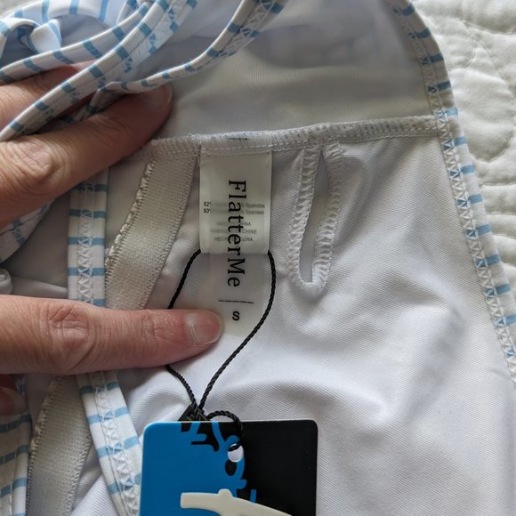 Blue White Criss Cross Lace Up Tie Back One-piece Swimsuit Flatter Me BOHO Small - Picture 9 of 11